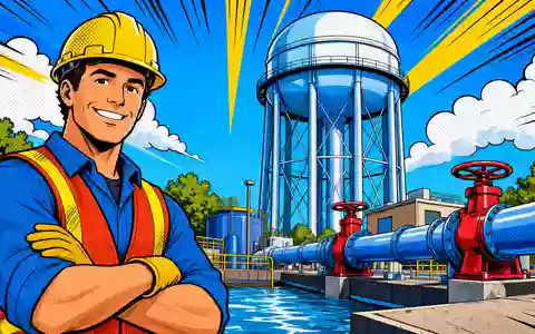 Severn Trent Plc (GB0009697037) wird in einer farbenfrohen Pop-Art-Comic-Szene mit Wasserturm und Rohrleitungen dargestellt - Foto: THN