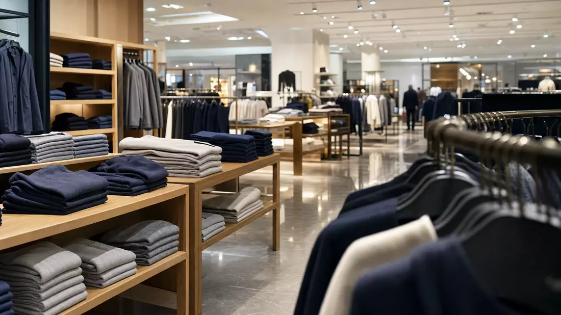 Modernes Kaufhaus-Interieur mit gefalteter Kleidung, Kleiderständern und warmem Deckenlicht