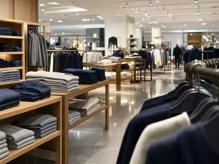 Fotorealistisches Kaufhaus-Interieur zeigt Marks and Spencer Group plc, ISIN GB0031215220, mit gefalteter Kleidung - Foto: THN