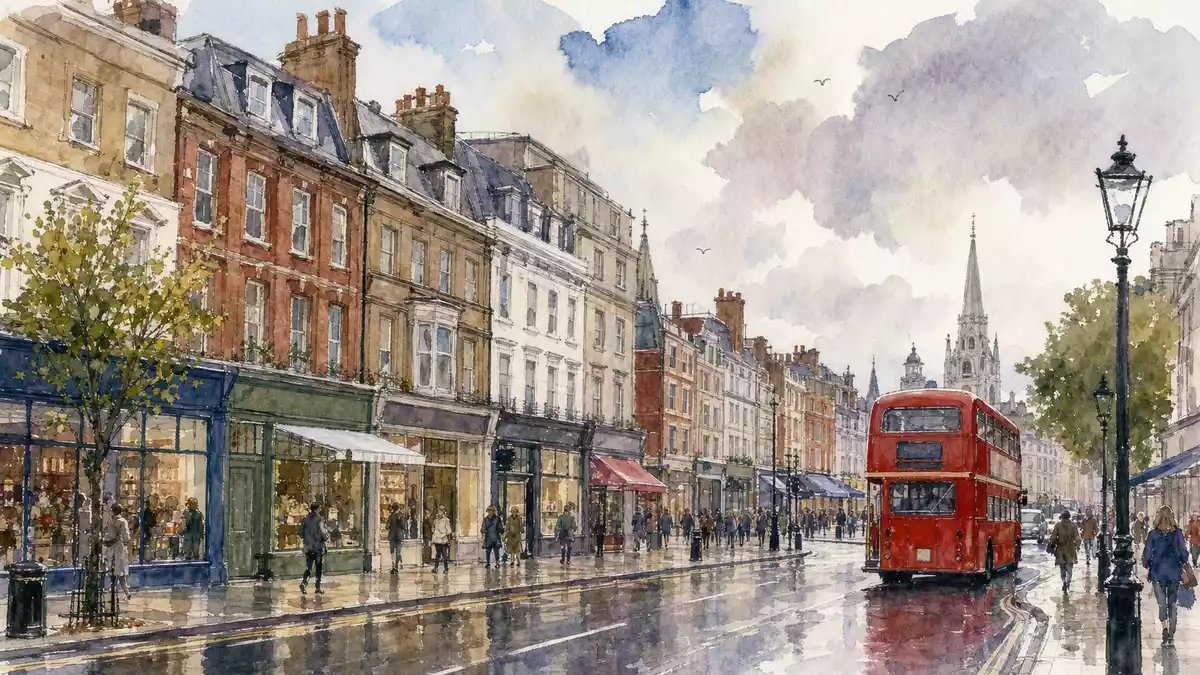 Aquarellbild einer Londoner Straße mit Geschäften und rotem Doppeldeckerbus