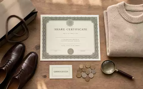 Flatlay mit Aktienzertifikat illustriert Marks and Spencer Group plc, ISIN GB0031215220, neben Kleidung und Schuhen - Foto: THN
