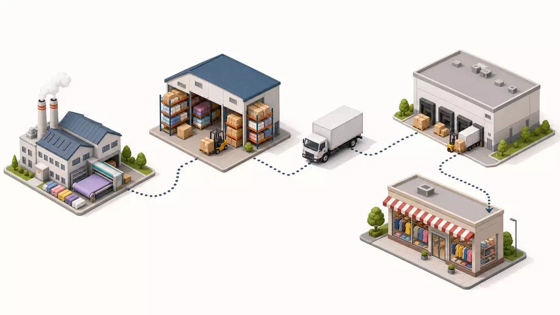 Isometrisches Diagramm zeigt Fabrik, Lager, Lastwagen und Ladengeschäft der Lieferkette