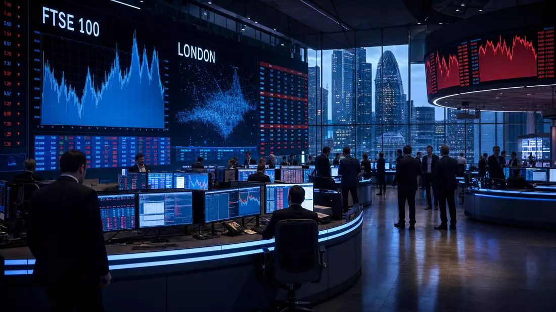Trading-Floor mit Bildschirmen, FTSE 100 Charts und Londoner Skyline im Hintergrund