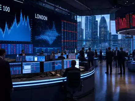 Börsen-Editorial zeigt Handelssaal mit FTSE 100 Charts für Marks and Spencer Group plc, ISIN GB0031215220 - Foto: THN