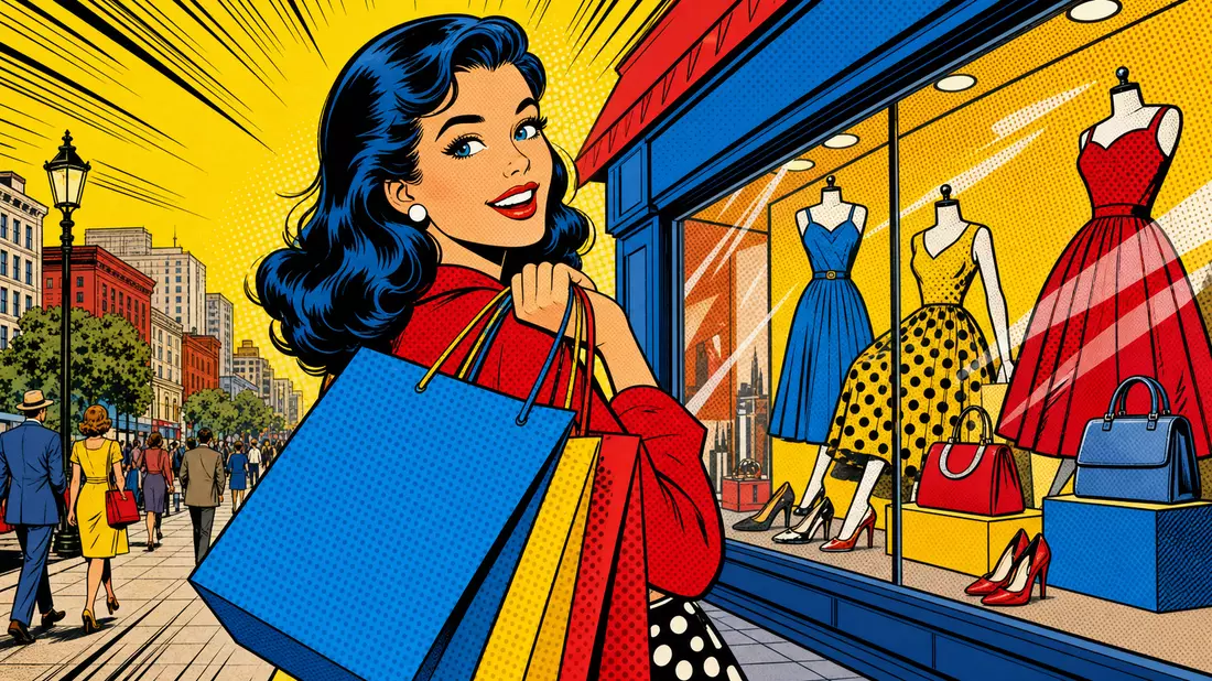 Pop-Art-Comic-Illustration einer Käuferin mit Einkaufstaschen vor Schaufenster
