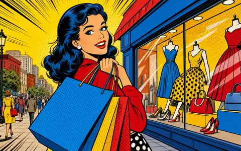 Pop-Art-Comic-Szene mit Einkaufstaschen symbolisiert Marks and Spencer Group plc, ISIN GB0031215220, vor stilisierter Ladenfront - Foto: THN