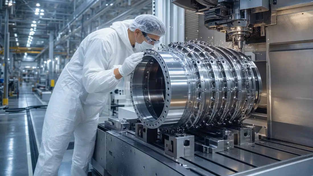 Techniker prüft Triebwerksbauteil in moderner Reinraum-Fertigungshalle mit CNC-Maschine