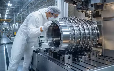 Melrose Industries PLC (GB00BNR5MZ78) zeigt fotorealistisch Triebwerk-Fertigung mit Techniker an moderner Präzisionsmaschine im Reinraum - Foto: THN