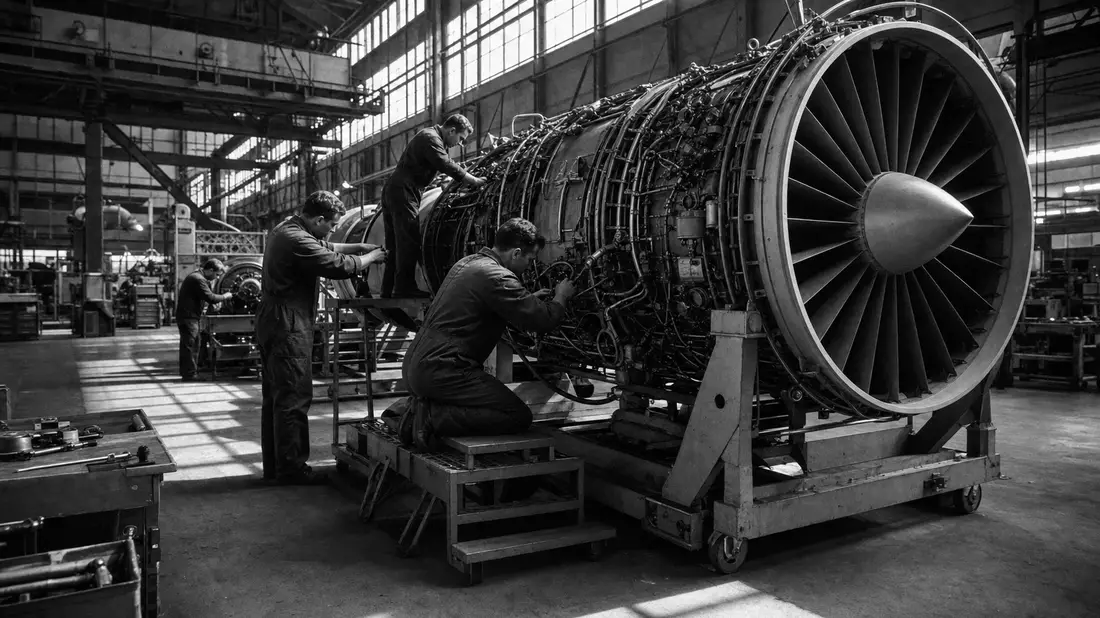 Schwarzweiß-Dokumentarfoto von Ingenieuren bei Triebwerksmontage in industrieller Werkshalle