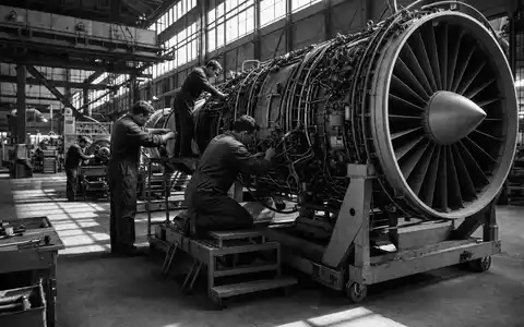 Melrose Industries PLC (GB00BNR5MZ78) dokumentiert in Schwarzweiß-Reportage Ingenieure bei Montage eines großen Flugzeugtriebwerks in Werkshalle - Foto: THN