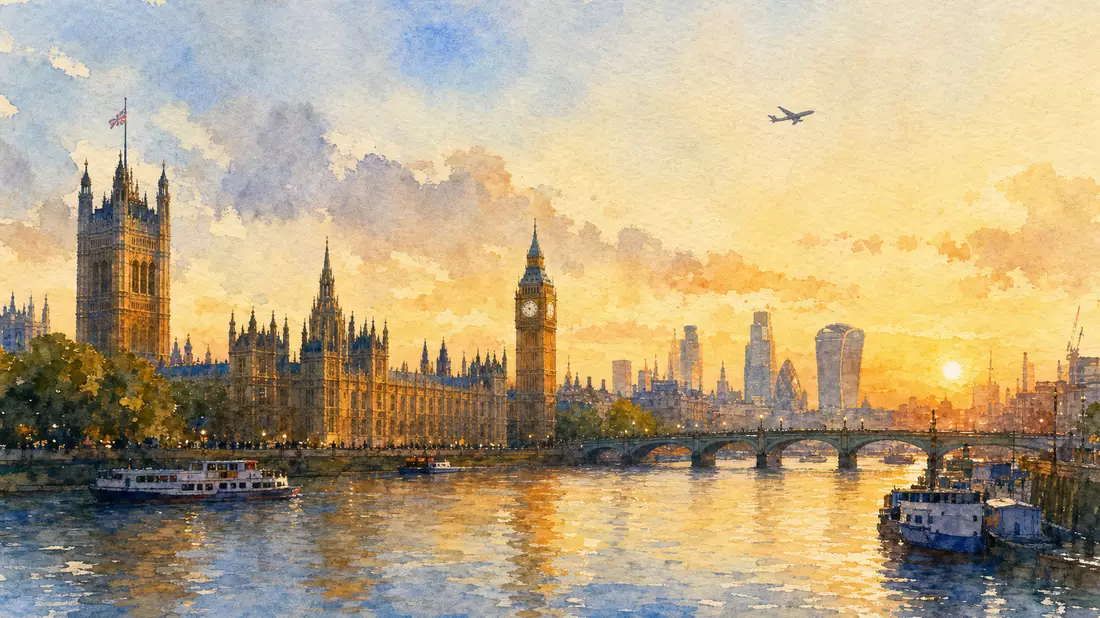 Aquarellmalerei der Londoner Skyline an der Themse mit Flugzeugsilhouette im Abendhimmel