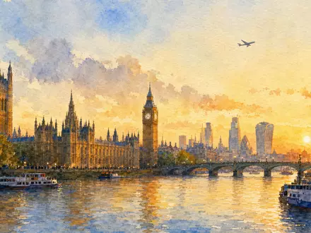 Melrose Industries PLC (GB00BNR5MZ78) präsentiert Aquarell-Ansicht der Londoner Skyline entlang der Themse bei goldenem Abendlicht - Foto: THN