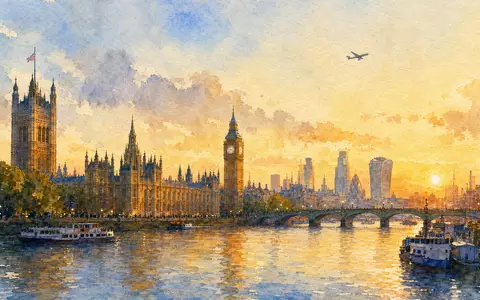 Melrose Industries PLC (GB00BNR5MZ78) präsentiert Aquarell-Ansicht der Londoner Skyline entlang der Themse bei goldenem Abendlicht - Foto: THN