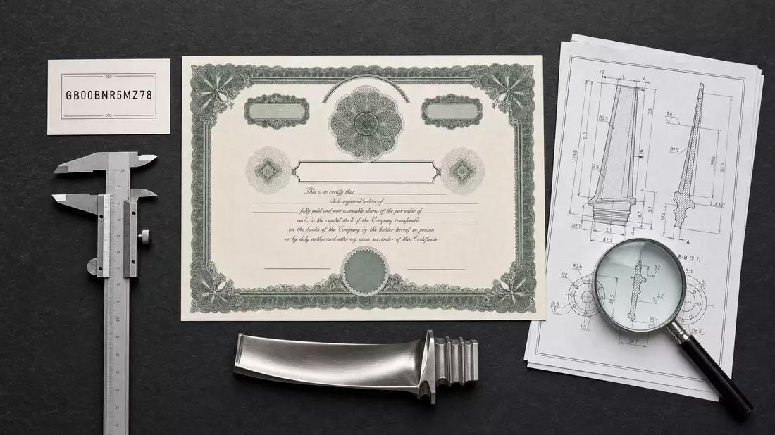 Flatlay mit Aktienzertifikat, ISIN-Karte, Messschieber und Konstruktionszeichnungen