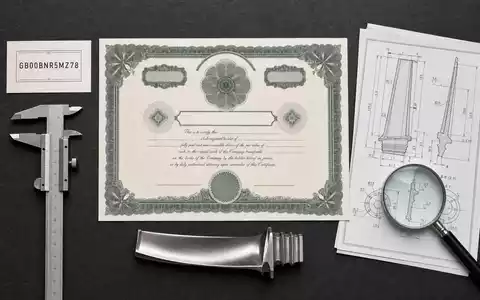 Melrose Industries PLC (GB00BNR5MZ78) zeigt Flatlay mit Aktienzertifikat, ISIN-Karte GB00BNR5MZ78 und Präzisionswerkzeugen auf dunkler Fläche - Foto: THN