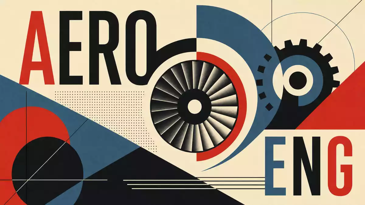 Geometrisches Bauhaus-Poster mit Turbinenform, Zahnrad und den Wörtern AERO und ENG