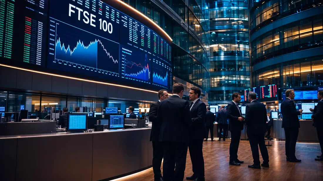 Trading-Floor mit Händlern vor großen Bildschirmen mit FTSE 100 Kursdiagrammen