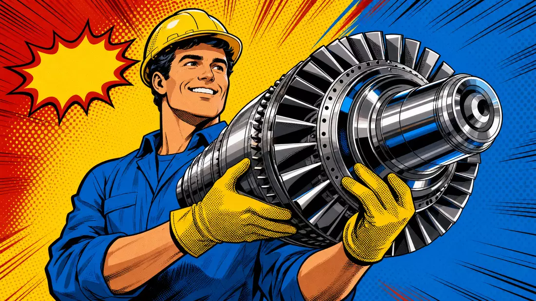 Bunte Pop-Art-Illustration eines lächelnden Ingenieurs mit glänzendem Turbinenbauteil