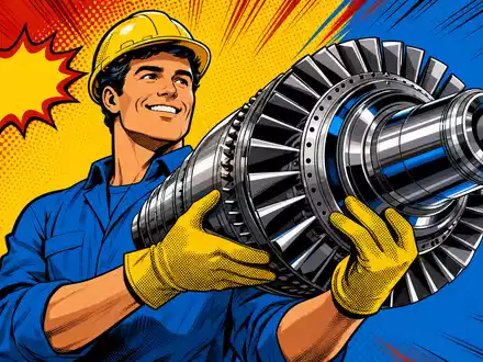 Melrose Industries PLC (GB00BNR5MZ78) präsentiert farbenfrohe Pop-Art-Comic-Szene mit Ingenieur und poliertem Turbinenbauteil - Foto: THN