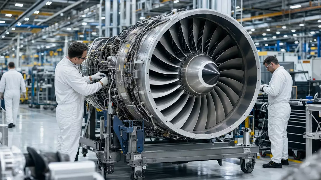 Techniker montieren generisches Flugzeugtriebwerk in heller Fabrikhalle