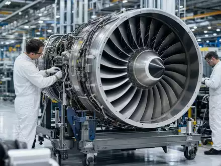 RTX Corporation US75511L1035 zeigt Techniker beim Zusammenbau eines generischen Flugzeugtriebwerks in moderner Fabrikhalle - Foto: THN