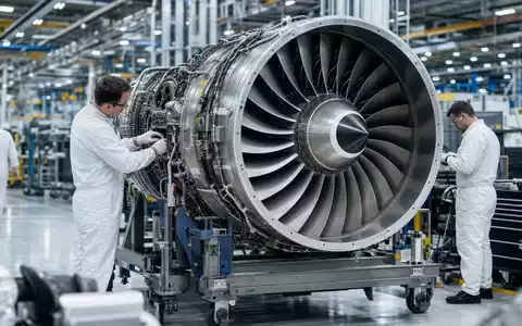 RTX Corporation US75511L1035 zeigt Techniker beim Zusammenbau eines generischen Flugzeugtriebwerks in moderner Fabrikhalle - Foto: THN