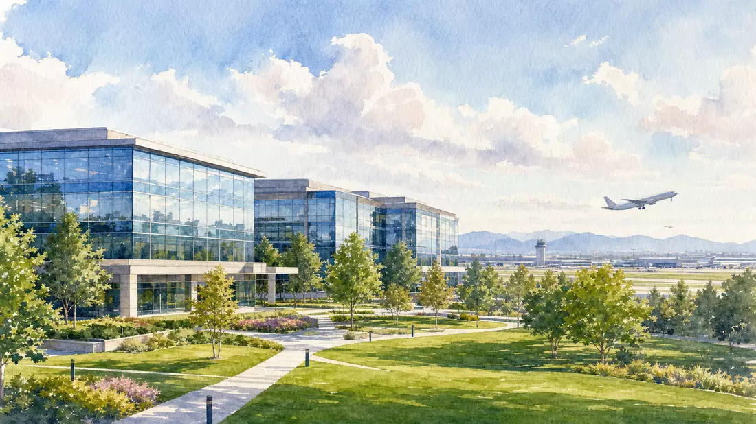 Aquarell eines modernen Bürocampus nahe Flughafen mit startendem Flugzeug