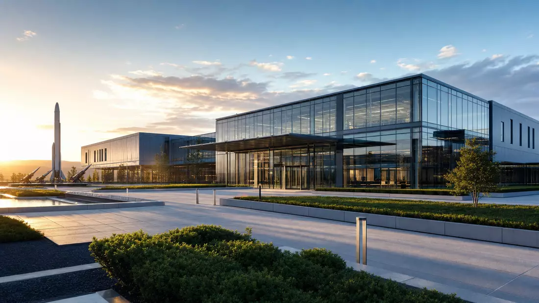 Architektur-Render einer modernen Forschungsanlage mit Glasfassade bei Sonnenuntergang
