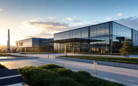 RTX Corporation US75511L1035 illustriert Architektur-Render einer modernen Luft- und Raumfahrt-Forschungsanlage bei Sonnenuntergang - Foto: THN