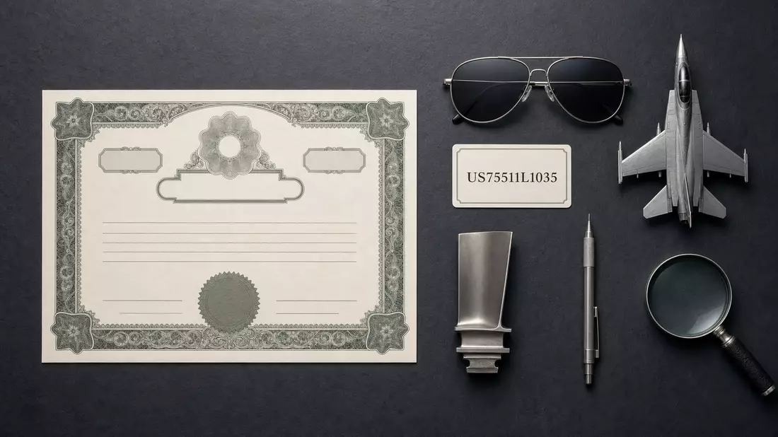 Flatlay mit Aktienzertifikat, ISIN-Karte und Luftfahrt-Utensilien auf dunklem Untergrund
