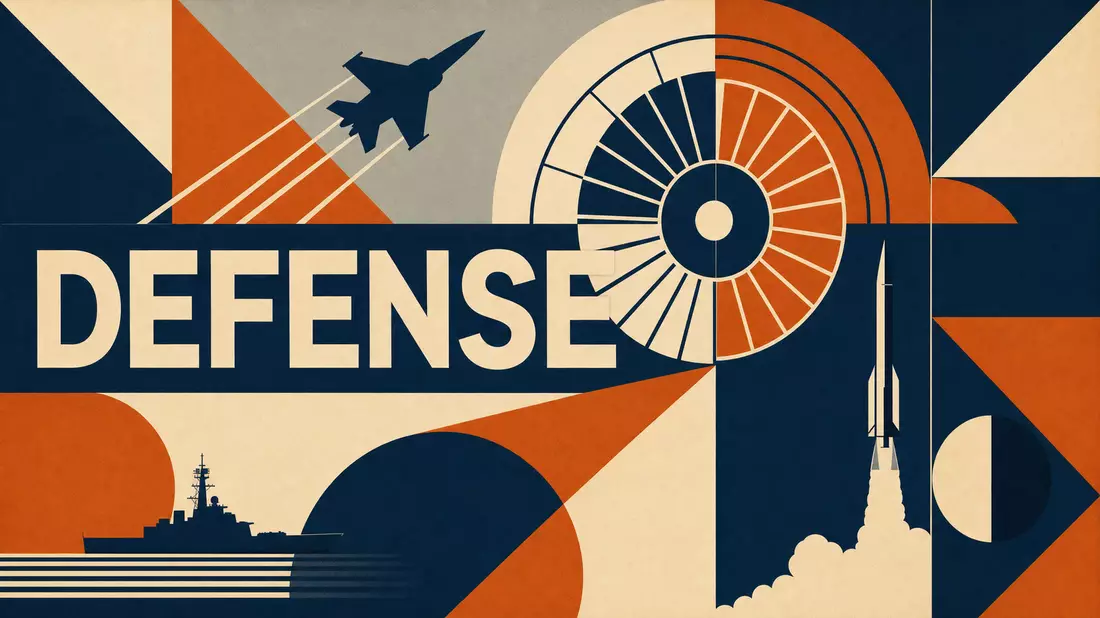 Bauhaus-Poster mit geometrischen Formen, Kampfjet-Silhouette und Text DEFENSE