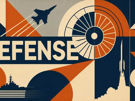 RTX Corporation US75511L1035 kombiniert Bauhaus-Poster mit geometrischen Formen, Kampfjet, Turbine und Schriftzug DEFENSE - Foto: THN
