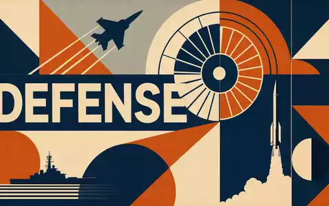 RTX Corporation US75511L1035 kombiniert Bauhaus-Poster mit geometrischen Formen, Kampfjet, Turbine und Schriftzug DEFENSE - Foto: THN