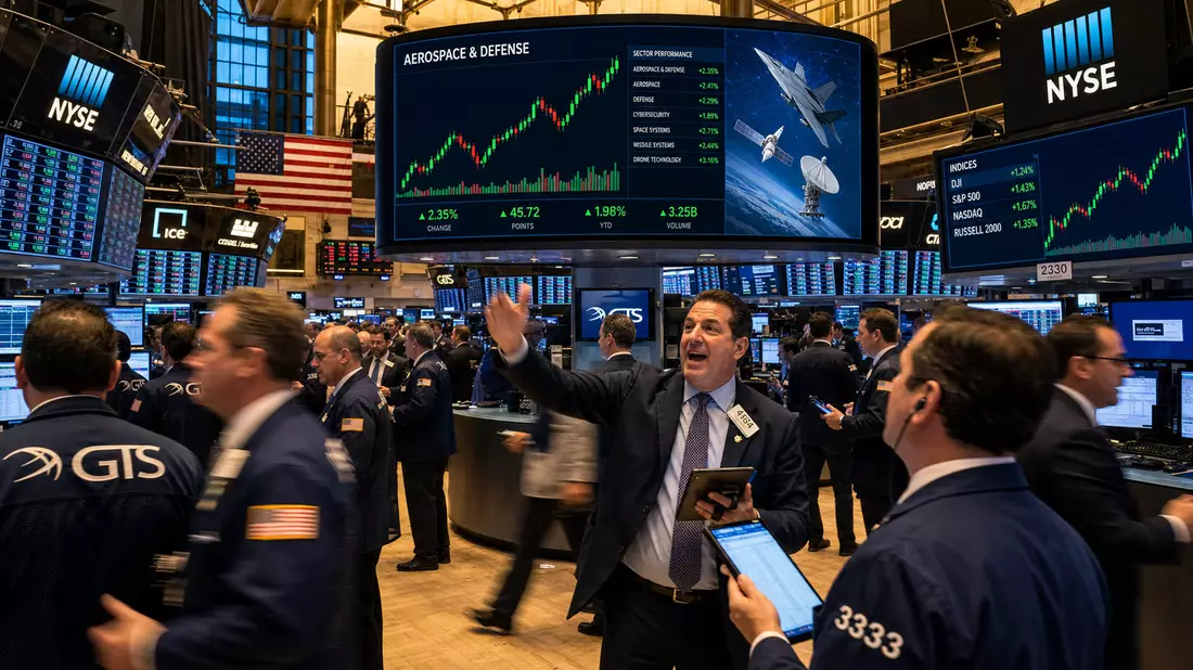 Börsenhändler vor Kurstafeln mit Luftfahrt- und Verteidigungssektor-Daten am NYSE-Handelssaal