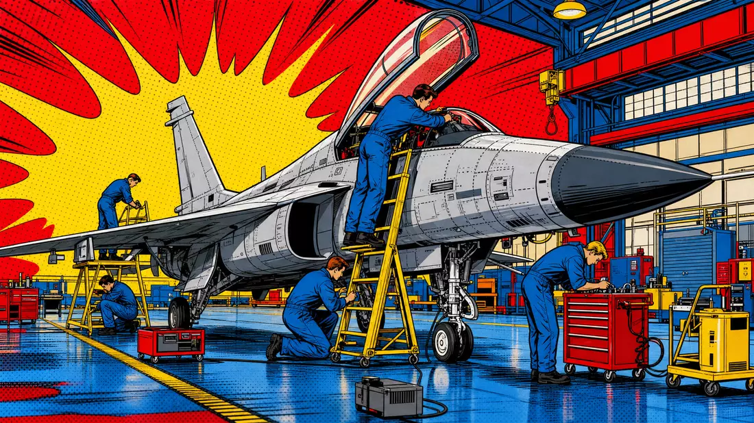 Pop-Art-Comic mit Militärflugzeug und Mechanikern in bunter Wartungshalle