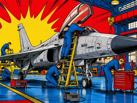 RTX Corporation US75511L1035 inszeniert Pop-Art-Comic mit MilitÀrflugzeug und Mechanikern in bunter Wartungshalle - Foto: THN