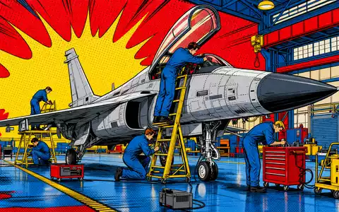 RTX Corporation US75511L1035 inszeniert Pop-Art-Comic mit Militärflugzeug und Mechanikern in bunter Wartungshalle - Foto: THN