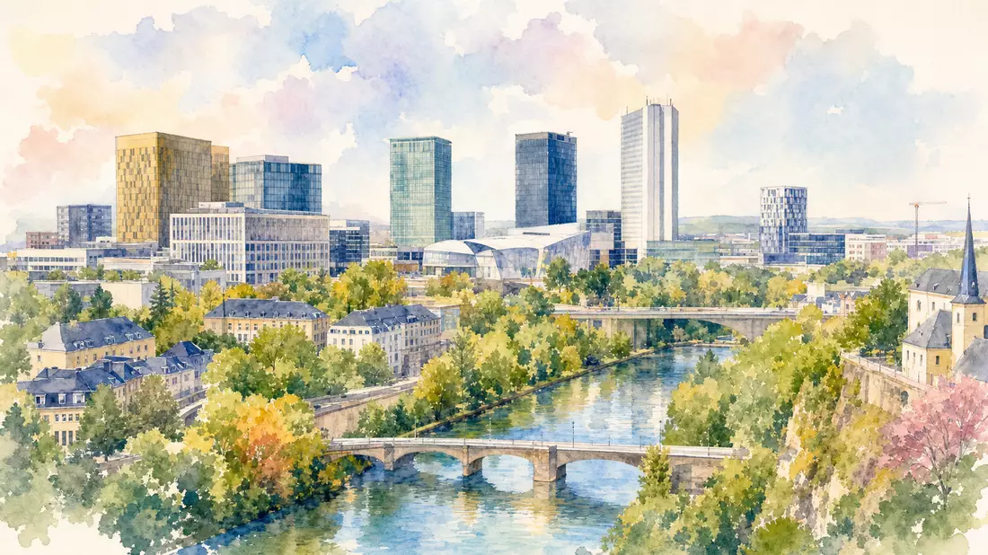 Aquarellmalerei der Luxemburger Skyline mit modernen Bürotürmen am Fluss