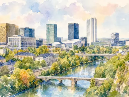 RTL Group LU0061462528 präsentiert ein Aquarellbild der Luxemburger Skyline mit Bürotürmen und Fluss Alzette - Foto: THN