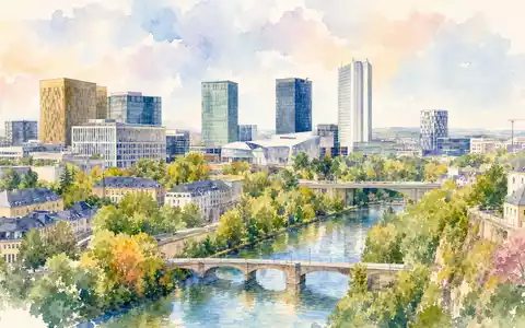 RTL Group LU0061462528 präsentiert ein Aquarellbild der Luxemburger Skyline mit Bürotürmen und Fluss Alzette - Foto: THN