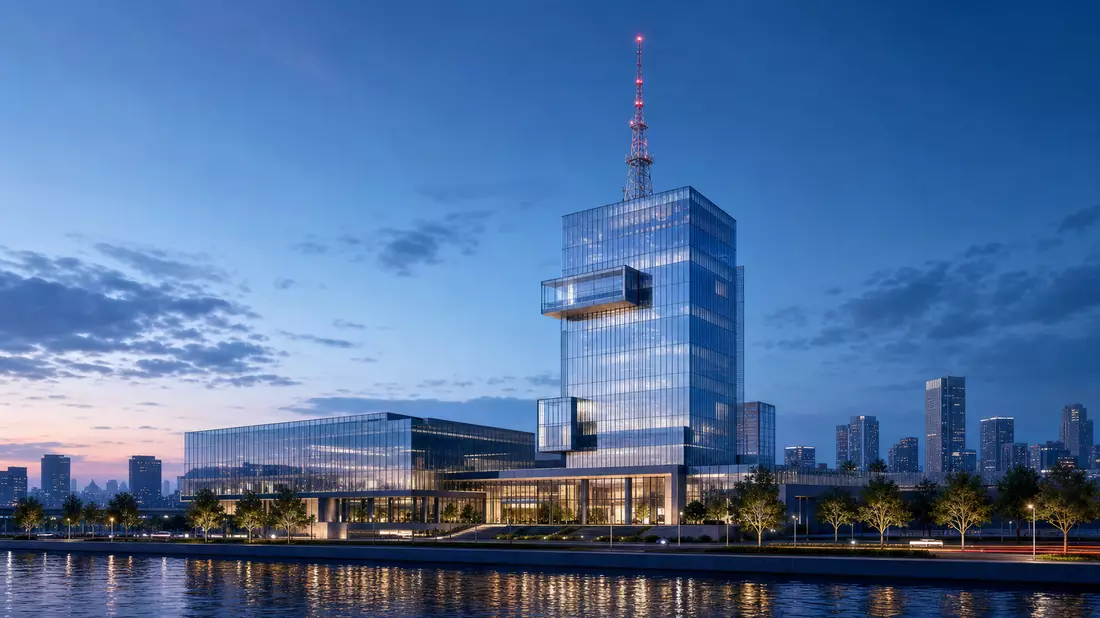 Architektur-Render eines Glasturms mit Sendeantenne bei Dämmerung am Wasser