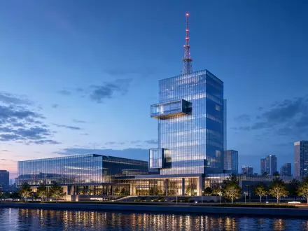 RTL Group LU0061462528 illustriert einen gläsernen Medien-Hauptsitzturm mit Sendemast zur blauen Stunde - Foto: THN