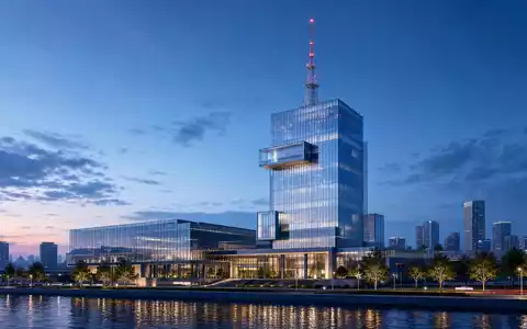 RTL Group LU0061462528 illustriert einen gläsernen Medien-Hauptsitzturm mit Sendemast zur blauen Stunde - Foto: THN
