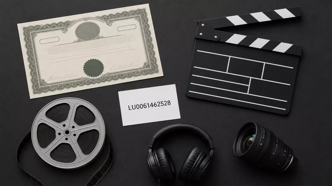 Flatlay-Anordnung mit Aktienzertifikat, ISIN-Karte, Filmklappe und Filmrolle