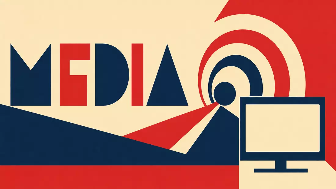 Bauhaus-Poster mit geometrischen Formen, Sendewellen-Symbol und Schriftzug MEDIA