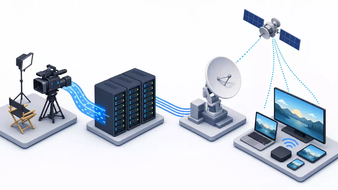 Isometrische 3D-Grafik der Medien-Wertschöpfungskette mit Kamera, Server und Satellit