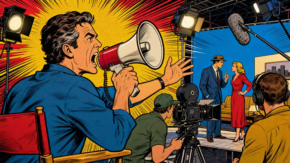 Pop-Art-Comic-Illustration eines Filmsets mit Regisseur und Megaphon