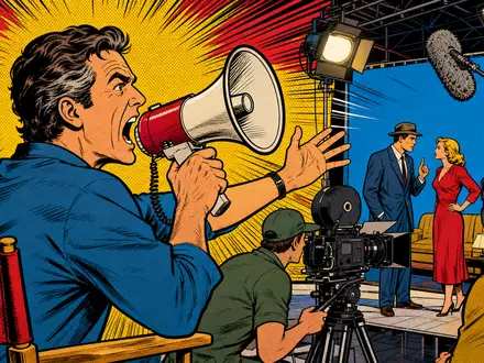 RTL Group LU0061462528 wird als farbenfrohe Pop-Art-Comic-Szene eines Filmsets mit rufendem Regisseur gezeigt - Foto: THN