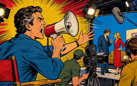 RTL Group LU0061462528 wird als farbenfrohe Pop-Art-Comic-Szene eines Filmsets mit rufendem Regisseur gezeigt - Foto: THN