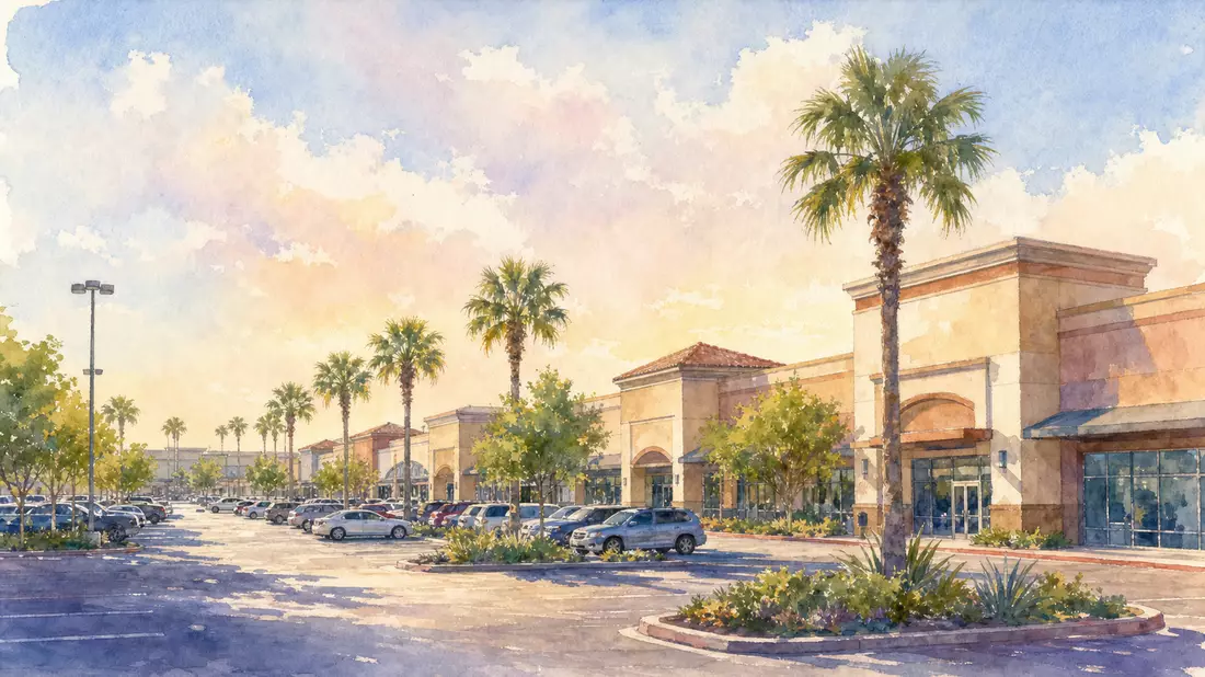 Aquarellmalerei eines sonnigen amerikanischen Einkaufszentrums mit Palmen und Parkplatz